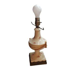 Vintage Porcelain Trophy Urn Vase Table Lamp Ivory Pink Roses 14"